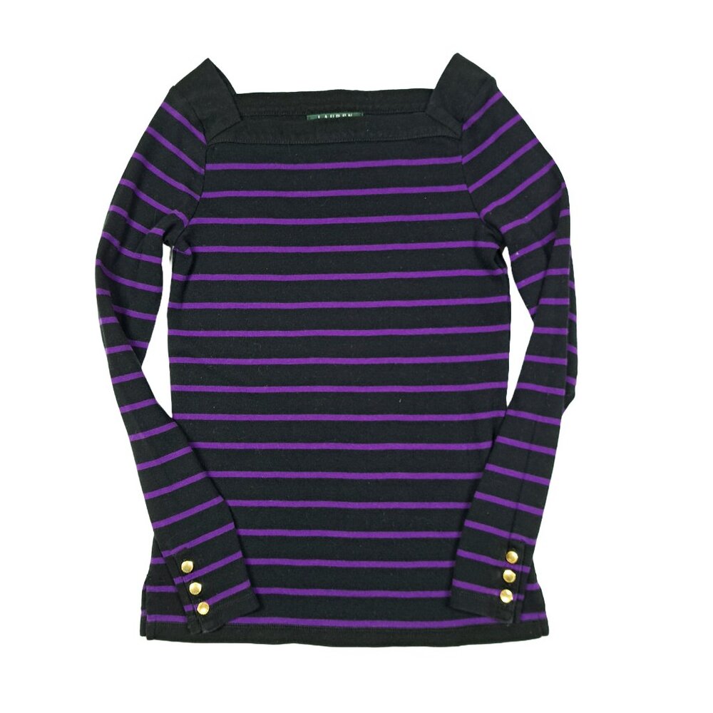 Lauren Ralph Lauren Womens Sweater S Black Purple Striped Pullover Square Neck